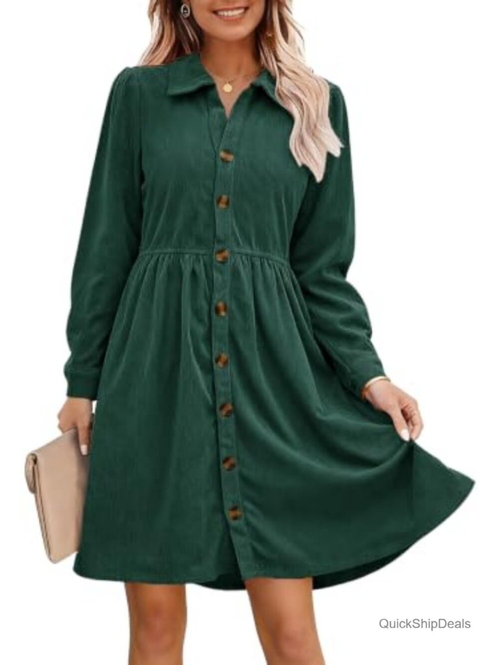 Long Sleeve Corduroy Shirt Dress Back Tiered High Waist Pockets Fall Work